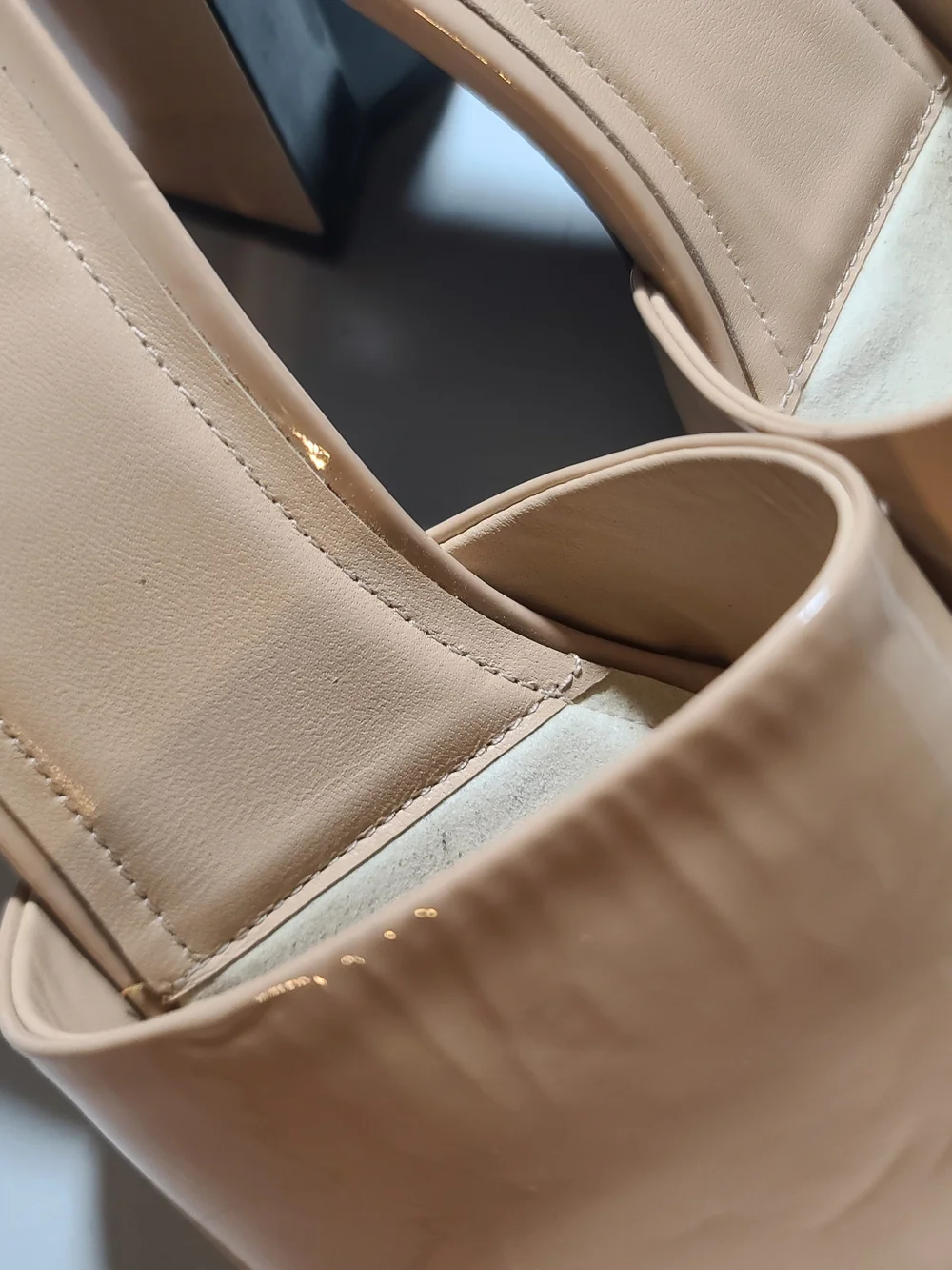 CHANEL Nude Patent Leather Slide Sandals